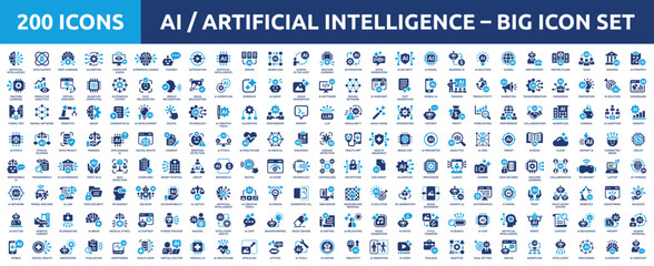 Obraz na płótnie Canvas 200 Artificial Intelligence huge Icon set. Machine Learning, Generative AI, Chatbots, Automation, Healthcare and Ethics Solid Vector Icons Big Collection.