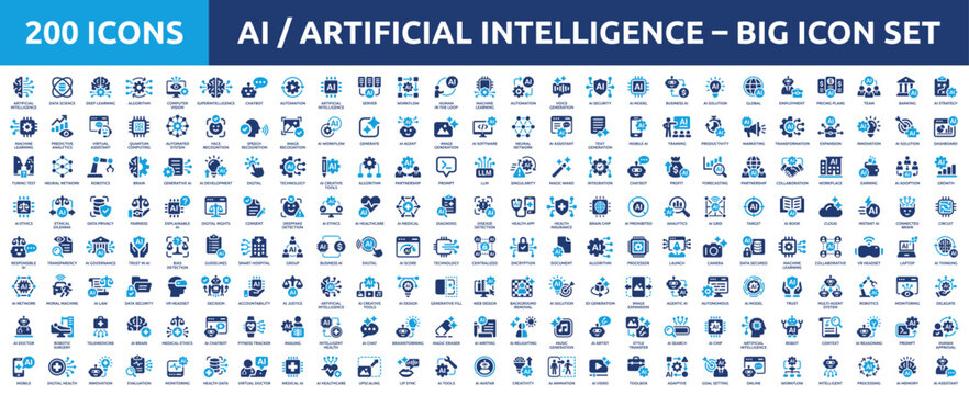 200 Artificial Intelligence huge Icon set. Machine Learning, Generative AI, Chatbots, Automation, Healthcare and Ethics Solid Vector Icons Big Collection.