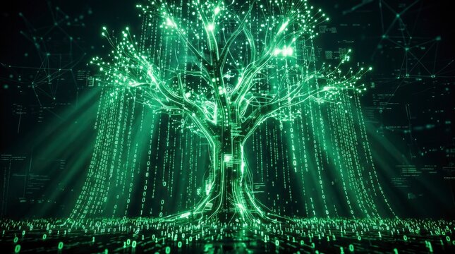 Glowing digital tree of binary code and data network representing futuristic technology and artificial intelligence concepts