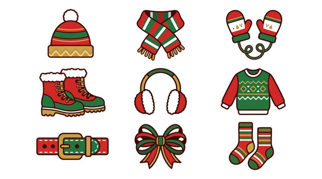 Set of festive winter clothing icons including hat scarf mittens boots earmuffs and holiday elements with christmas icons knitted hat ear muffs holiday sweat