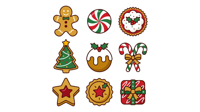 Collection of nine delicious christmas themed cookies and holiday desserts with gingerbread man christmas pudding candy canes christmas tree peppermint cand
