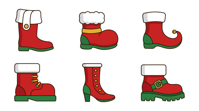 Set of six red and green winter boots and santa claus footwear icons with elf shoes winter fashion green trim fur lining icon set vector illustration