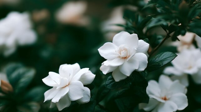 White gardenia flowers bloom amidst lush green foliage in a serene garden setting with soft natural lighting
