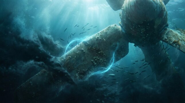 Underwater giant robot mech submerged in deep ocean sea, cinematic sci-fi fantasy concept art, glowing mechanical ruins in blue water