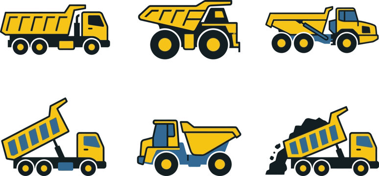 Yellow dump truck icons set, heavy construction vehicle vector collection, industrial tipper truck illustrations for mining and building logistics