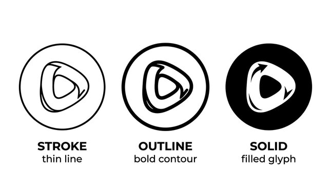 Play button icons showing different styles including stroke outline and solid fill on a circular canvas