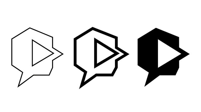 Play button within speech bubble outlines and solid shapes representing media playback concepts