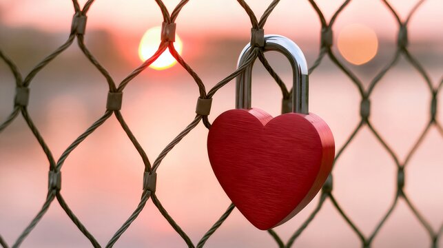 Red heart padlock hanging on wire fence at sunset