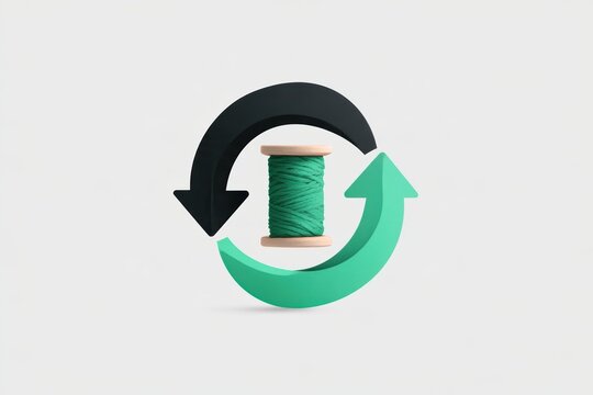 Thread spool within recycling arrows symbolizing sustainable fashion and circularity