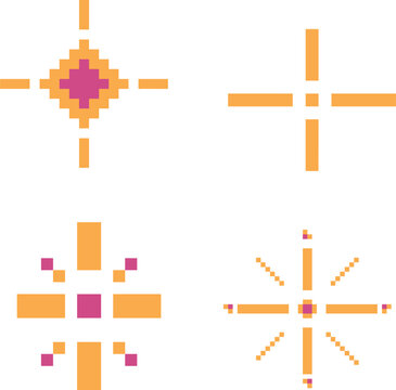 Retro 8 bit pixel art of glowing light sparkles and stars, ideal for Diwali festival decorations, magic spells, and game effects.