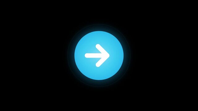 Blue arrow in circle pulse animation. A white right arrow in a glowing blue circle nudges forward while a ripple ring expands, a seamless next and continue button loop for presentations and apps.