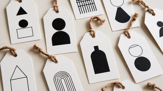 Minimalist geometric shapes on wooden tags with jute string for branding and crafting