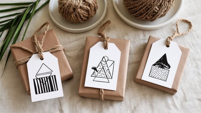 Handcrafted gift boxes with minimalist geometric tags tied with jute string on a neutral linen background