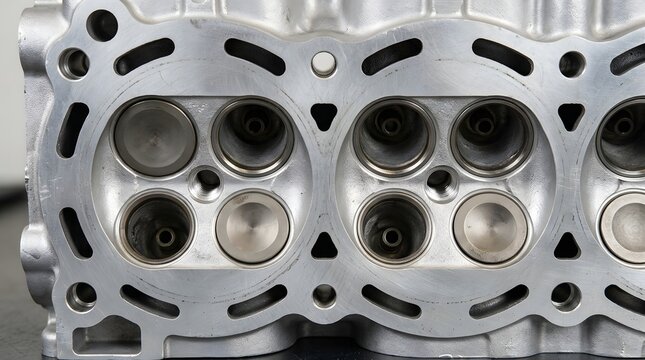 Aluminum cylinder head close up, metallic car engine combustion chambers, detailed internal automotive engine block part for mechanical repair