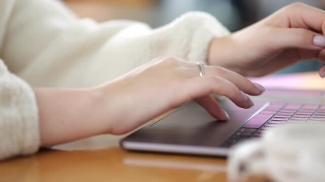 Close-up of woman's hands typing on laptop keyboard. Person wears light sweater with rings on fingers. Fingers move quickly over pink keyboard. Warm wooden table surface visible