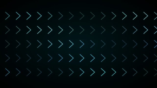 Abstract digital animation of glowing blue chevron arrows moving forward on a dark gradient background, representing progress and data flow