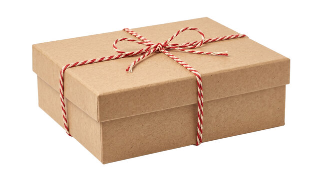 Kraft paper gift box with red and white twine, eco friendly cardboard parcel, festive present packaging on white background