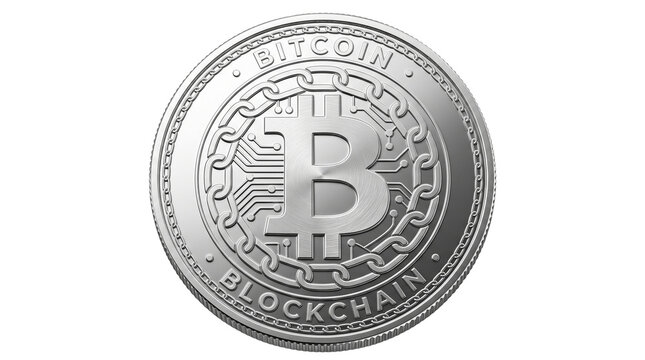 Silver Bitcoin cryptocurrency coin, metallic digital currency icon, metallic physical crypto token isolated on white background