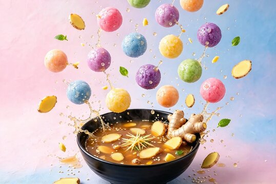 Colorful Thai bua loi with ginger soup floating in air, pastel background, 5K