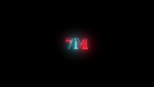7M one million neon glowing text animation on black background, 1 Million achievement for social media 4K video on black background animation.