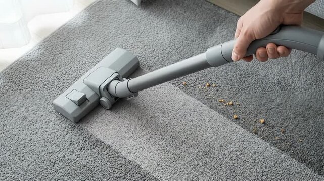 掃除機のヘッドがラグを進み細かなごみを吸い取る、掃除用品、家庭用家電、ハウスクリーニング、家事の紹介