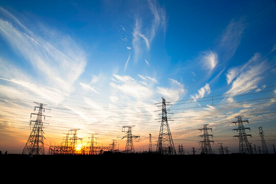 Pylon, high-voltage tower sky background.