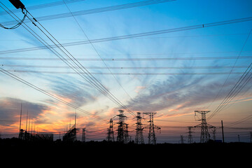 Obraz premium Pylon, high-voltage tower sky background.