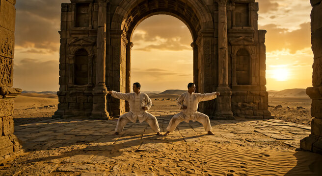 Two martial artists performing kung fu poses under a large ancient stone archway in a desert landscape at sunset. Martial arts training, meditation, wellness, peace and tranquility.