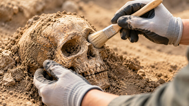 Archaeologist cleaning ancient skull with brush in excavation site  