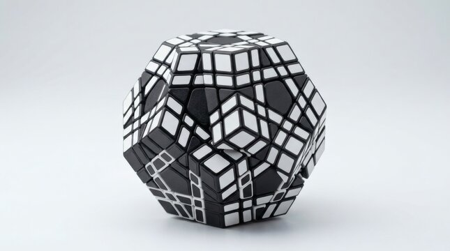 Monochrome dodecahedron puzzle, complex black and white geometric Rubik's cube variation, abstract 3D logic game