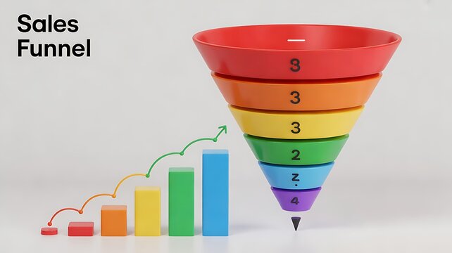 marketing funnel concept with customer journey stages and data analytics icons 