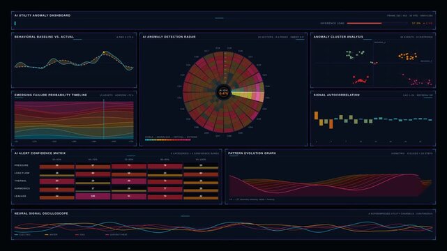 Explore an AI Utility Anomaly Dashboard showcasing unusual network behavior and emerging failure detection with vibrant colors and immersive cybernetic design in 4K resolution.
