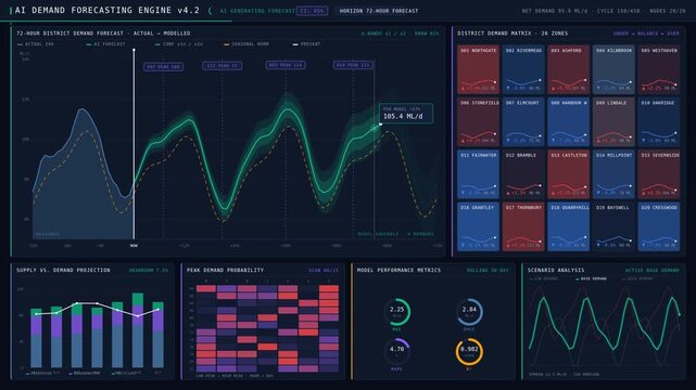 Explore an AI-driven water demand forecasting dashboard showcasing district consumption and supply requirements with a stunning midnight-aurora aesthetic and dynamic visualizations.