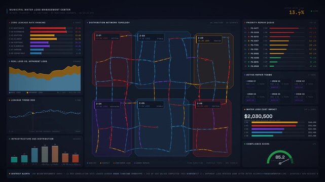 Explore the Municipal Water Loss Dashboard showcasing leakage rates, pipe zones, and repair priorities with an interactive, dark-charcoal executive style design.