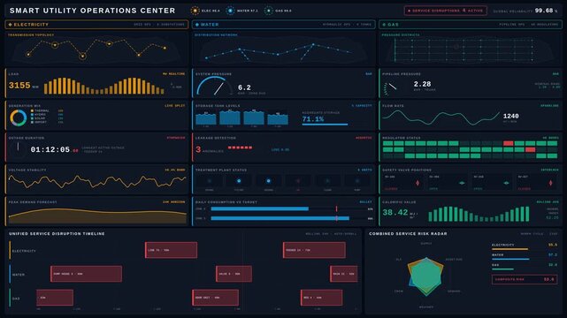 Explore a high-tech Smart Utility Operations Dashboard showcasing real-time data for electricity, water, gas, and service disruptions in a sleek tri-utility command hub design.