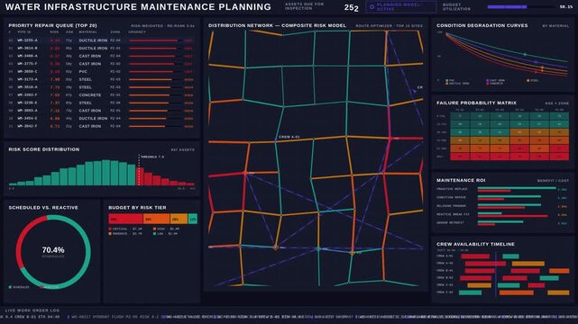 Explore the Water Maintenance Planning Dashboard showcasing pipeline repairs using asset risk scores in a sleek dark executive design with dynamic visual analytics and prioritization features.