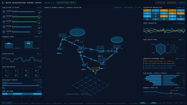 A dynamic 4K visualization of a water infrastructure control center, showcasing real-time data on pumps, reservoirs, valves, and distribution health in a sleek industrial design.
