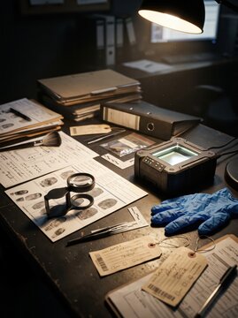 Forensic fingerprint evidence and digital scanner arranged on an investigation desk. Crime scene analysis and criminal investigation. Forensic science, evidence processing and law