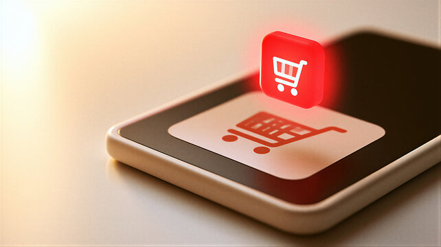 Floating shopping cart icon above smartphone screen. Black Friday online shopping and discount sales. Mobile commerce, ecommerce checkout and digital retail concept. Seasonal deal promotion.