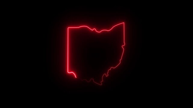 Ohio neon state outline animation with glowing red border representing American geography location identity travel business regional culture and United States state map concept on black background