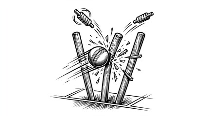 Detailed black and white ink sketch illustration depicting a fast cricket ball powerfully hitting wooden stumps and dislodging bails during an intense match © Mw Arts