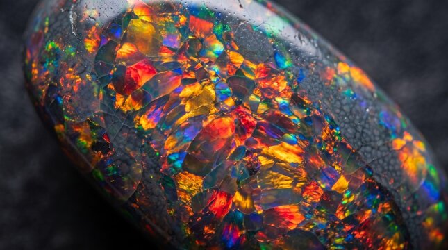 A polished black opal gemstone displays vibrant fire and color play