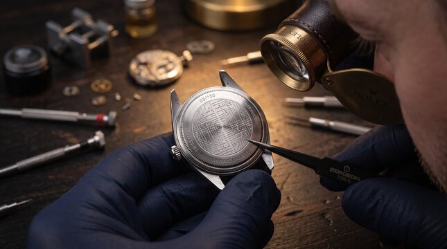 Watchmaker Examining Serial Engraving on Watch Case Back