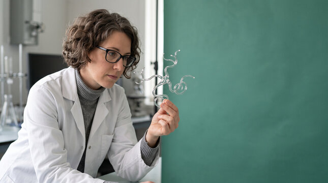 A female researcher in a white lab coat examining a complex transparent glass model of a ad social media download thambnail poster web template event festival 2026 2027 2028