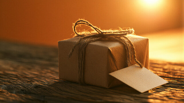Wrapped parcel with twine and blank tag on wooden surface. Black Friday shopping and gift purchase concept. Holiday ecommerce, retail sale and online shopping. Gift giving and packaging.