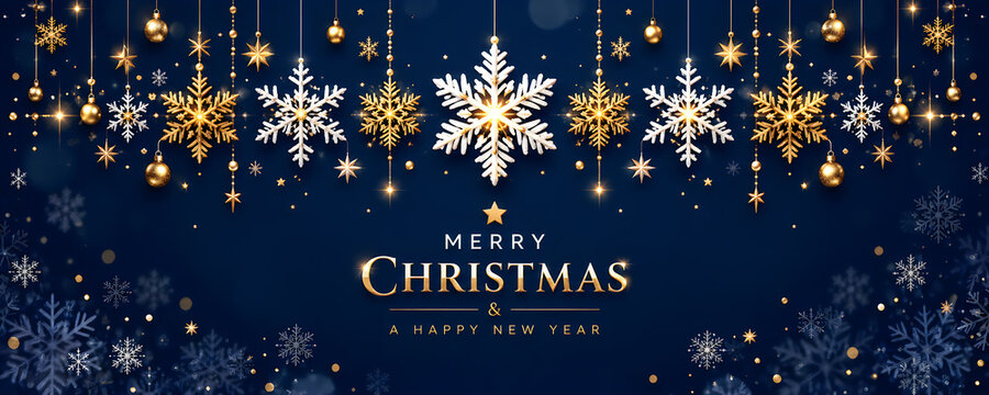 Merry christmas and happy new year greeting card with hanging gold