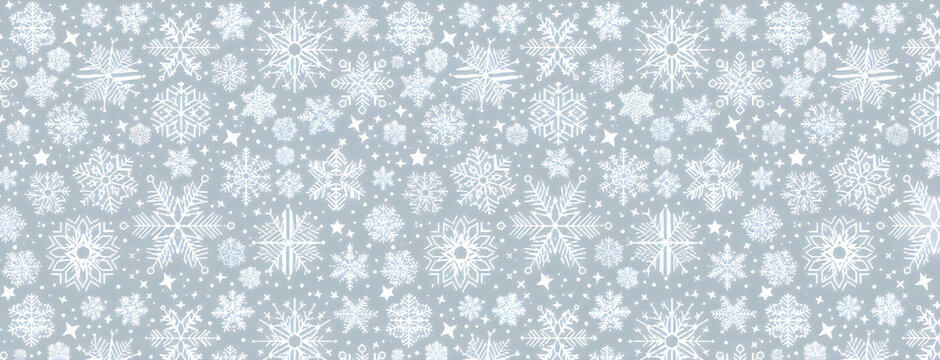 Seamless christmas pattern with white snowflakes on a light grey