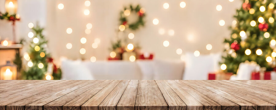 Empty rustic wooden table top with blurred christmas tree and festive