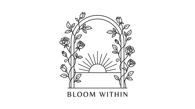 Floral arch with rising sun and roses monoline logo design