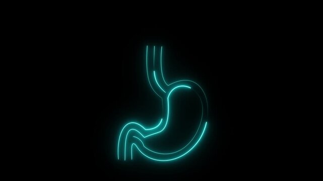 Neon stomach icon animation representing digestive system health acid reflux ulcer discomfort digestion process human anatomy gastrointestinal wellness medical care and modern healthcare technology co